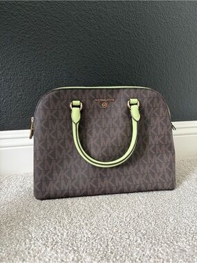 Michael Kors Brown Monogram purse with Lime Trim